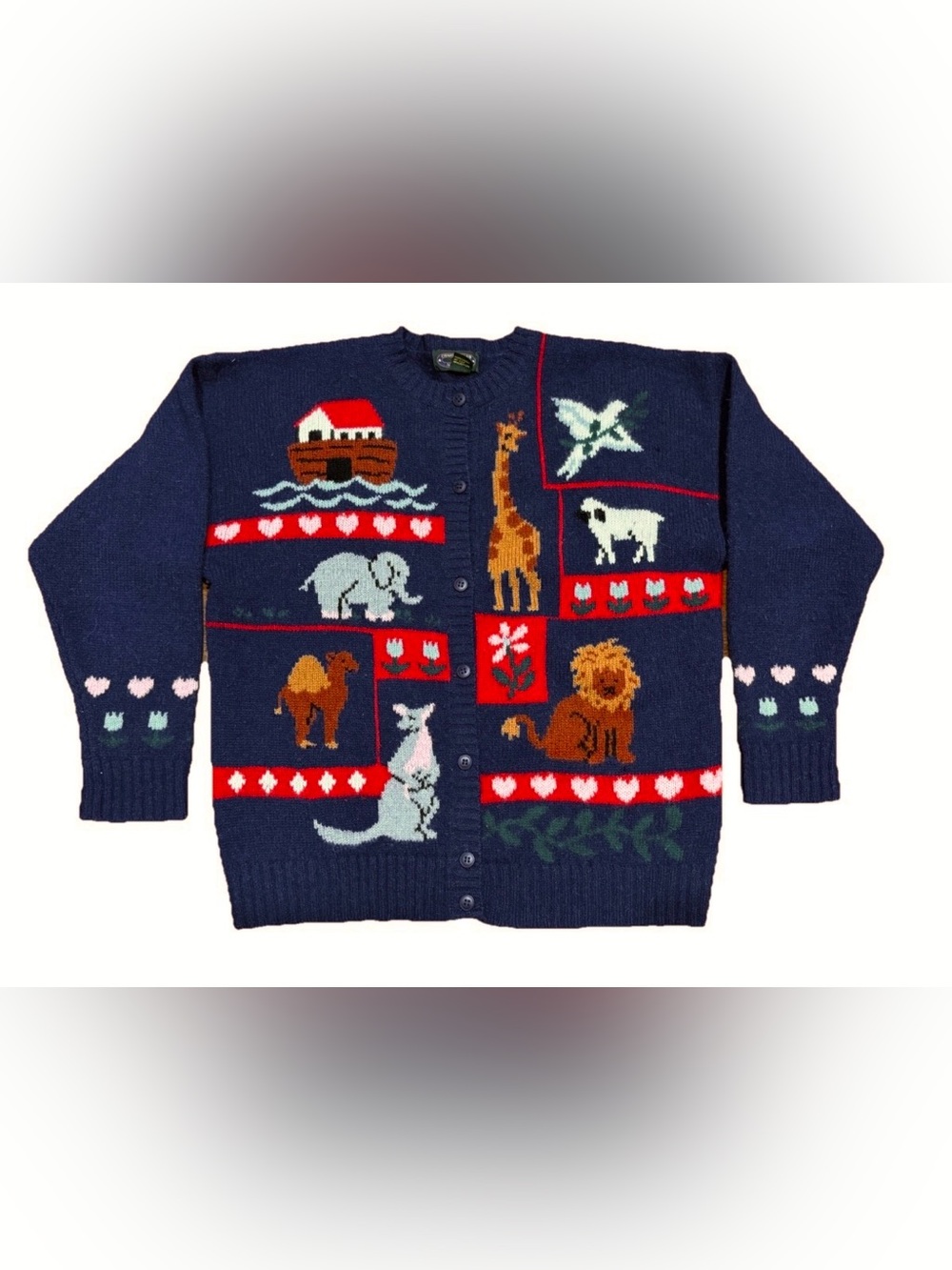 Vintage Noah’s Ark Animal Wool Sweater Cardigan Size Large Charter Club 90s Blue